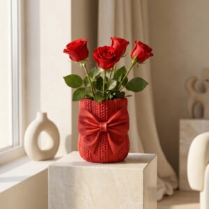 Decorative Rose Flower Pot with Elegant Bow for Home and Gift