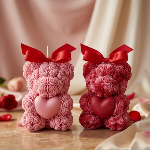 Rose Teddy Bear Candle Set with Heart – Red & Pink Decorative Gift