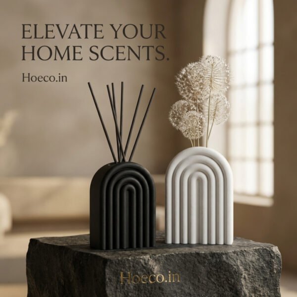 Hoeco Scandi-Arch Ribbed Bud Vase & Reed Diffuser Holder | Minimalist Geometric Home Decor | Matte Black & Stone White