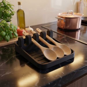 Hoeco Multi-Slot Kitchen Spoon Rest | Heat-Resistant Utensil Holder & Drip Pad | Matte Black Countertop Organizer for Spatulas, Ladles, and Tongs