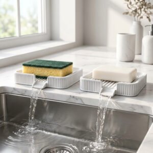 Hoeco Set of 2 Self-Draining Soap Dish & Sponge Holder | Angled Drainage Tray for Kitchen Sink & Bathroom | Stone White Rust-Proof Organizer