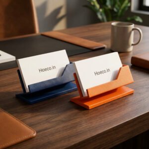 Hoeco Set of 2 Modern Desktop Business Card Holder | Professional Geometric Card Display | Matte Navy & Vibrant Orange Office Accessories