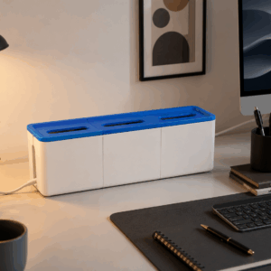 ModuCable 3-Section Cable Management Box – White & Blue Desk Wire Organizer