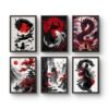 Japanese Samurai Dragon Wall Art Set of 6 Framed Posters (A4)