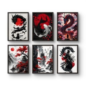 Japanese Samurai Dragon Wall Art Set of 6 Framed Posters (A4)