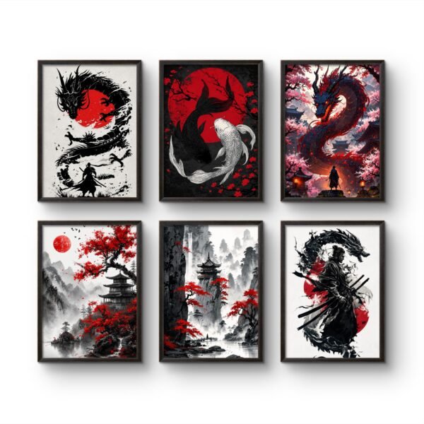 Japanese Samurai Dragon Wall Art Set of 6 Framed Posters (A4)