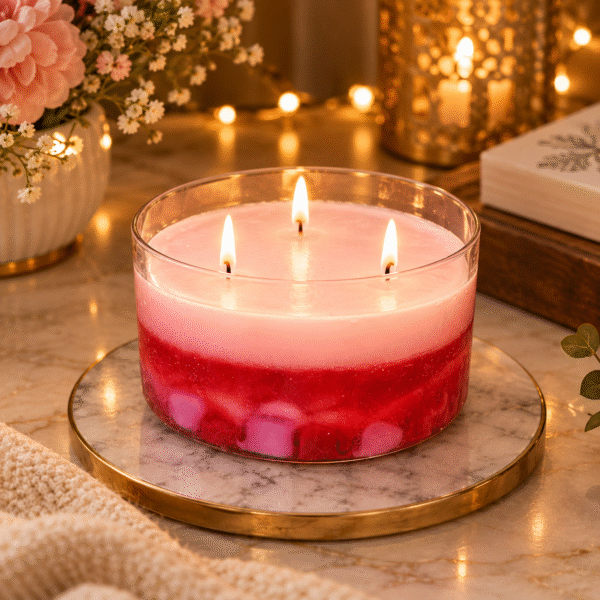 Heart Melt Candle love-inspired 3-wick candle with pink and red hearts
