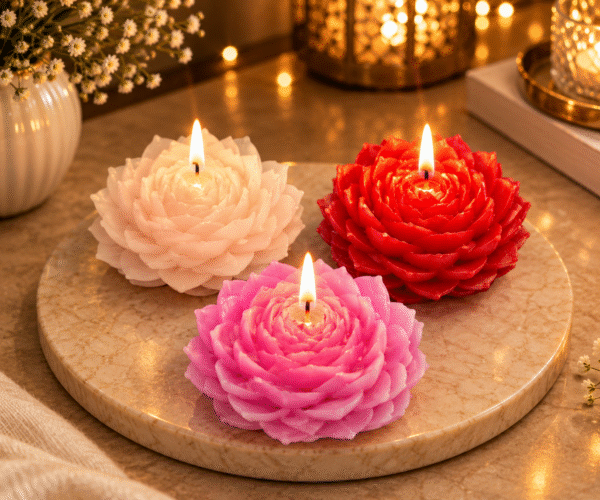 Rose Flower Candles set of 3 pink red and white floral candles